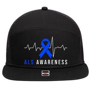 Blue Ribbon ALS Awareness Heartbeat 7 Panel Mesh Trucker Snapback Hat