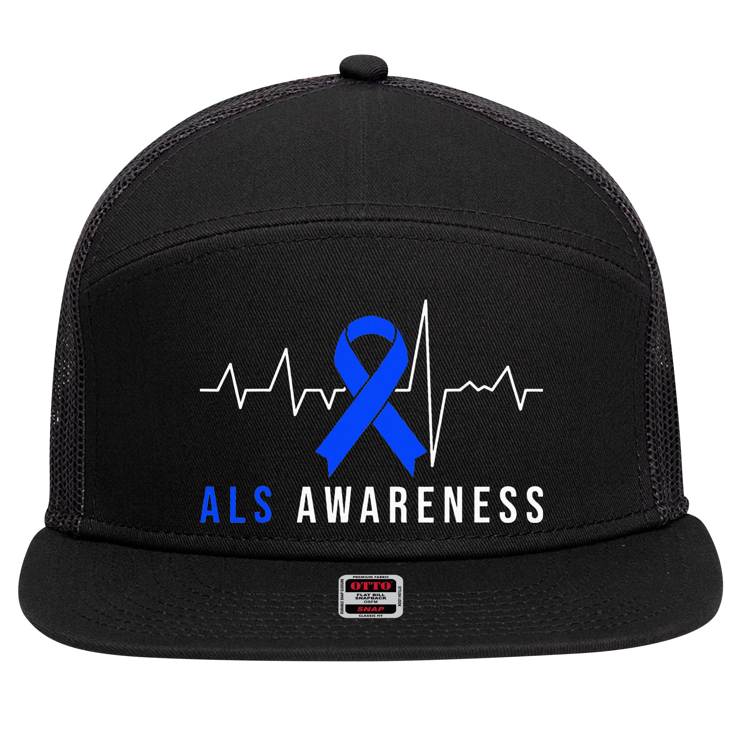 Blue Ribbon ALS Awareness Heartbeat 7 Panel Mesh Trucker Snapback Hat