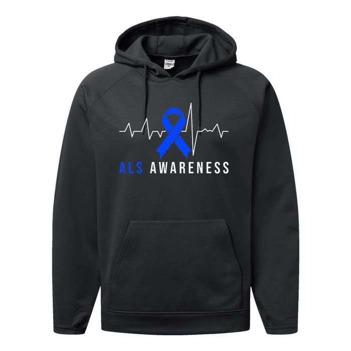 Blue Ribbon ALS Awareness Heartbeat Performance Fleece Hoodie