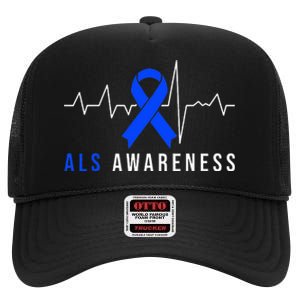 Blue Ribbon ALS Awareness Heartbeat High Crown Mesh Back Trucker Hat