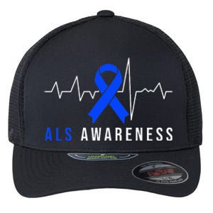 Blue Ribbon ALS Awareness Heartbeat Flexfit Unipanel Trucker Cap