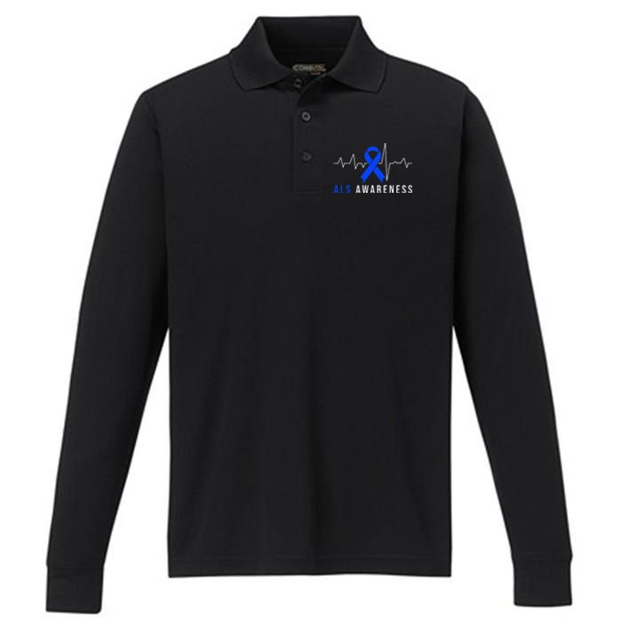 Blue Ribbon ALS Awareness Heartbeat Performance Long Sleeve Polo