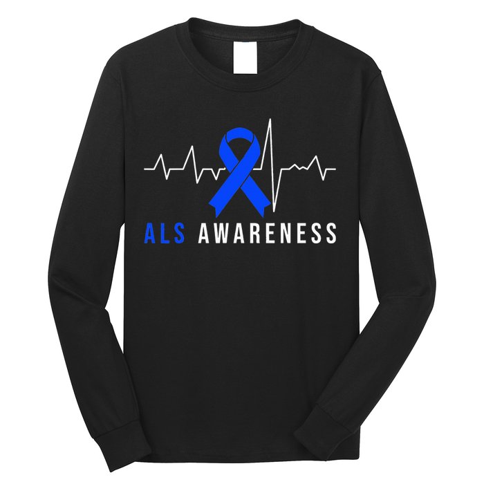 Blue Ribbon ALS Awareness Heartbeat Long Sleeve Shirt