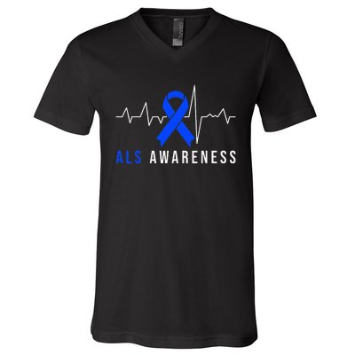 Blue Ribbon ALS Awareness Heartbeat V-Neck T-Shirt