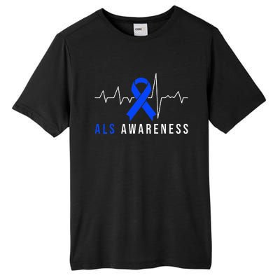 Blue Ribbon ALS Awareness Heartbeat Tall Fusion ChromaSoft Performance T-Shirt