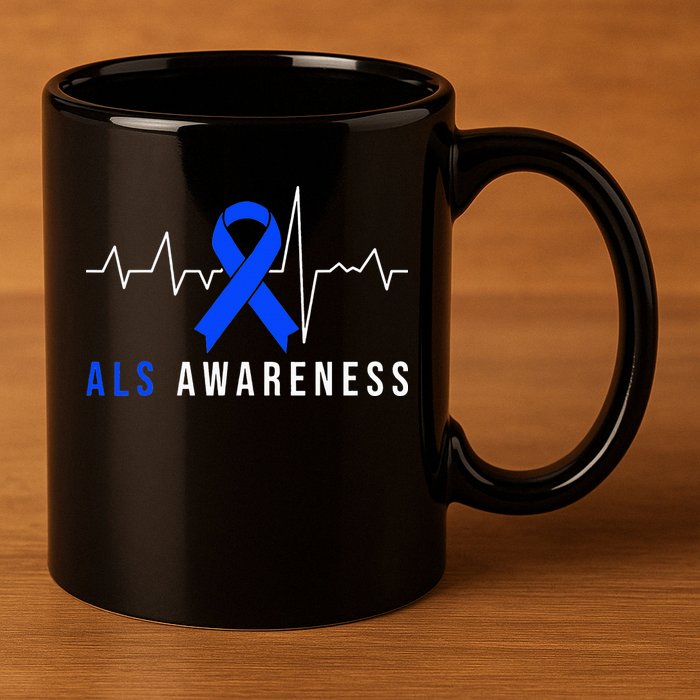 Blue Ribbon ALS Awareness Heartbeat 11oz C Handle Ceramic Mug