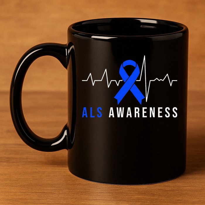 Blue Ribbon ALS Awareness Heartbeat 11oz C Handle Ceramic Mug