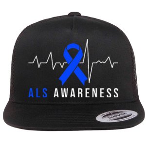 Blue Ribbon ALS Awareness Heartbeat Flat Bill Trucker Hat