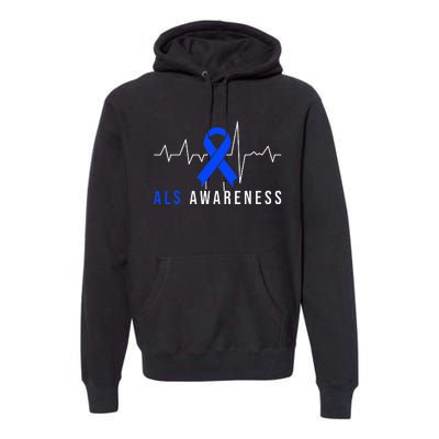 Blue Ribbon ALS Awareness Heartbeat Premium Hoodie