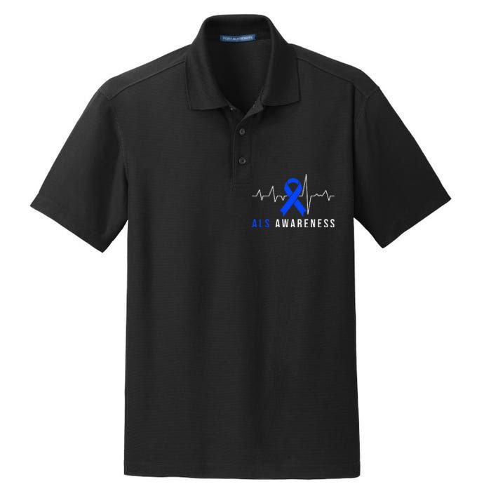 Blue Ribbon ALS Awareness Heartbeat Dry Zone Grid Polo