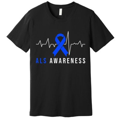 Blue Ribbon ALS Awareness Heartbeat Premium T-Shirt