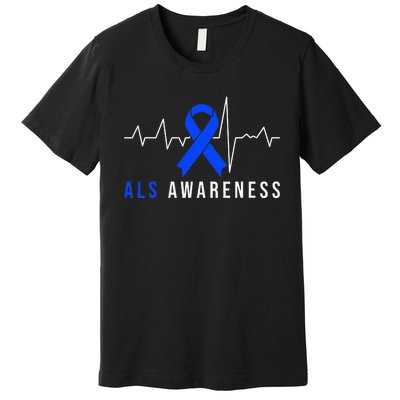 Blue Ribbon ALS Awareness Heartbeat Premium T-Shirt