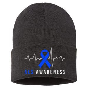 Blue Ribbon ALS Awareness Heartbeat Sustainable Knit Beanie