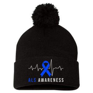 Blue Ribbon ALS Awareness Heartbeat Pom Pom 12in Knit Beanie