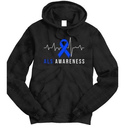 Blue Ribbon ALS Awareness Heartbeat Tie Dye Hoodie