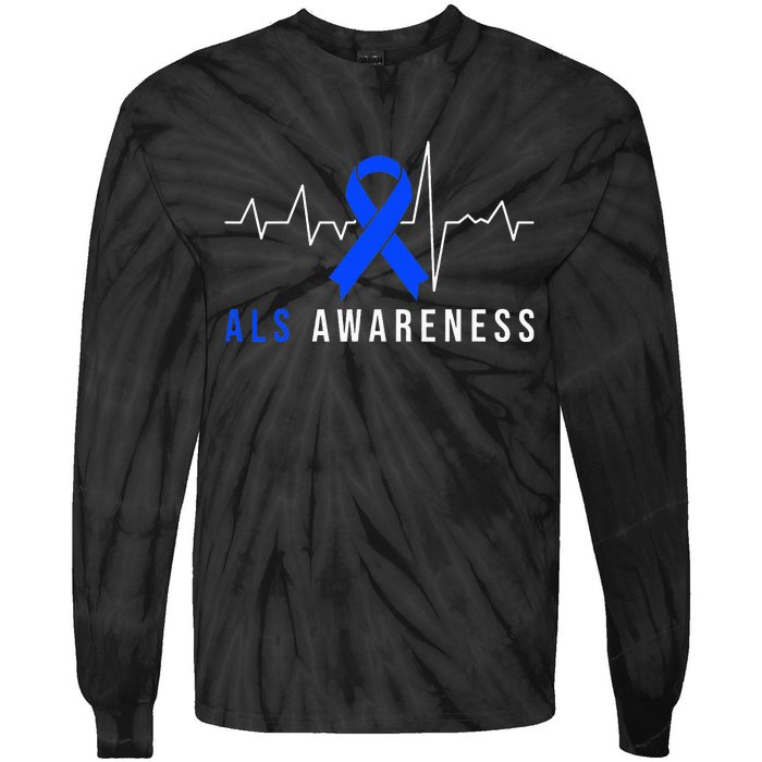 Blue Ribbon ALS Awareness Heartbeat Tie-Dye Long Sleeve Shirt