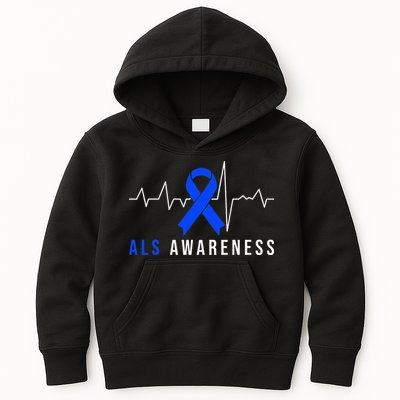 Blue Ribbon ALS Awareness Heartbeat Kids Hoodie