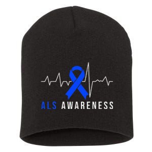 Blue Ribbon ALS Awareness Heartbeat Short Acrylic Beanie