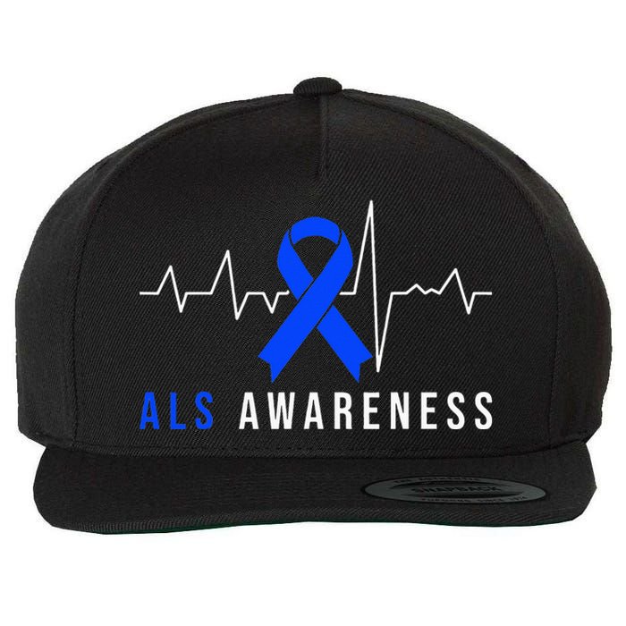 Blue Ribbon ALS Awareness Heartbeat Wool Snapback Cap