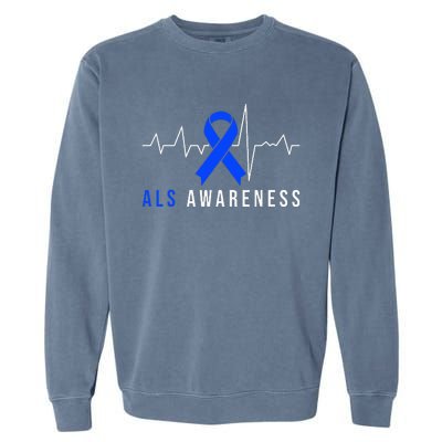 Blue Ribbon ALS Awareness Heartbeat Garment-Dyed Sweatshirt