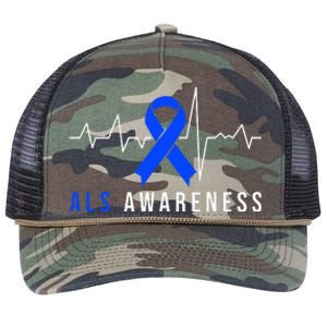 Blue Ribbon ALS Awareness Heartbeat Retro Rope Trucker Hat Cap