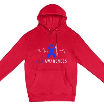 Blue Ribbon ALS Awareness Heartbeat Premium Pullover Hoodie