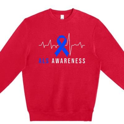 Blue Ribbon ALS Awareness Heartbeat Premium Crewneck Sweatshirt