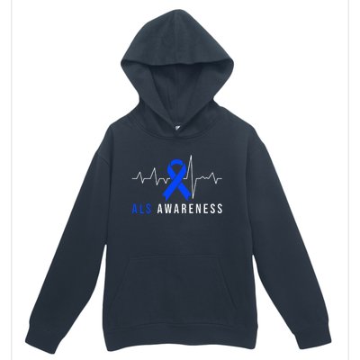 Blue Ribbon ALS Awareness Heartbeat Urban Pullover Hoodie