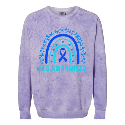 Blue Ribbon ALS Awareness Rainbow Colorblast Crewneck Sweatshirt