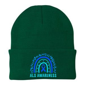 Blue Ribbon ALS Awareness Rainbow Knit Cap Winter Beanie