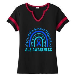 Blue Ribbon ALS Awareness Rainbow Ladies Halftime Notch Neck Tee