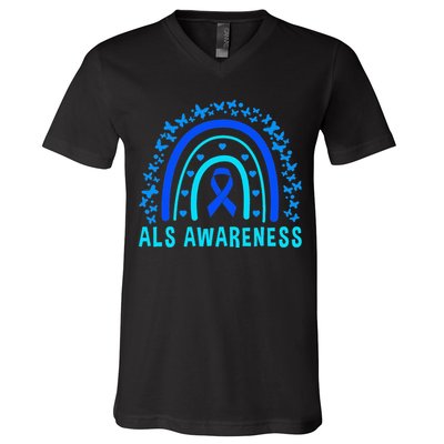 Blue Ribbon ALS Awareness Rainbow V-Neck T-Shirt