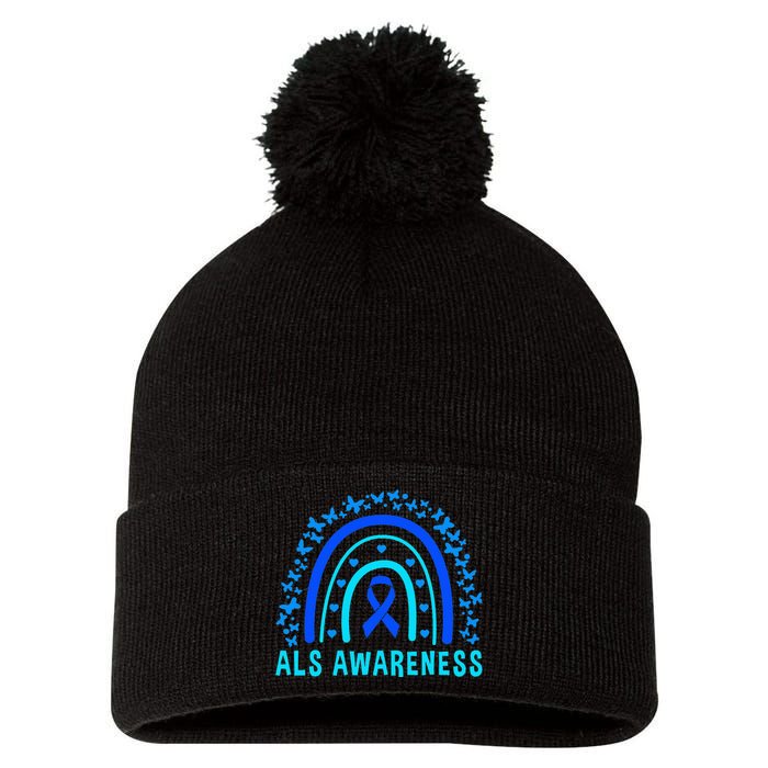 Blue Ribbon ALS Awareness Rainbow Pom Pom 12in Knit Beanie