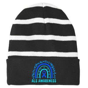 Blue Ribbon ALS Awareness Rainbow Striped Beanie with Solid Band