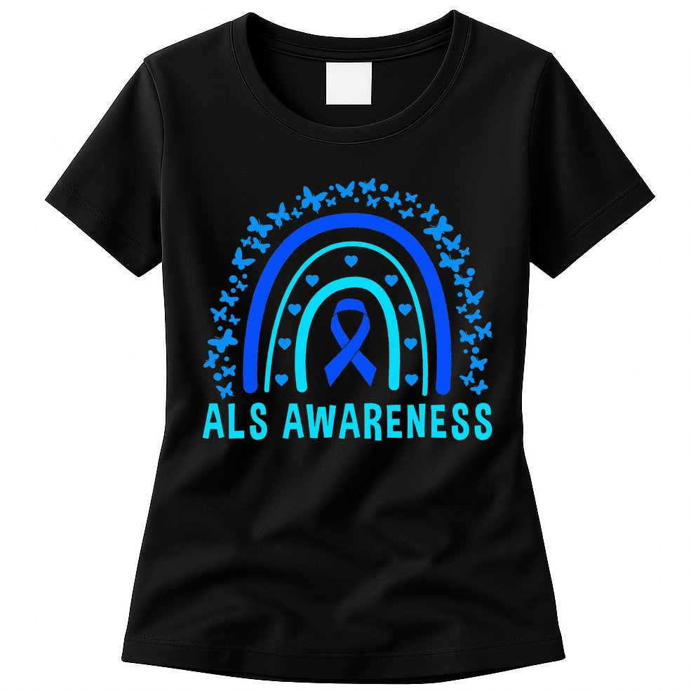 Blue Ribbon ALS Awareness Rainbow Womens T-Shirt