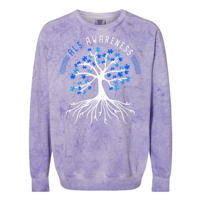 Blue Ribbon ALS Awareness Tree Colorblast Crewneck Sweatshirt