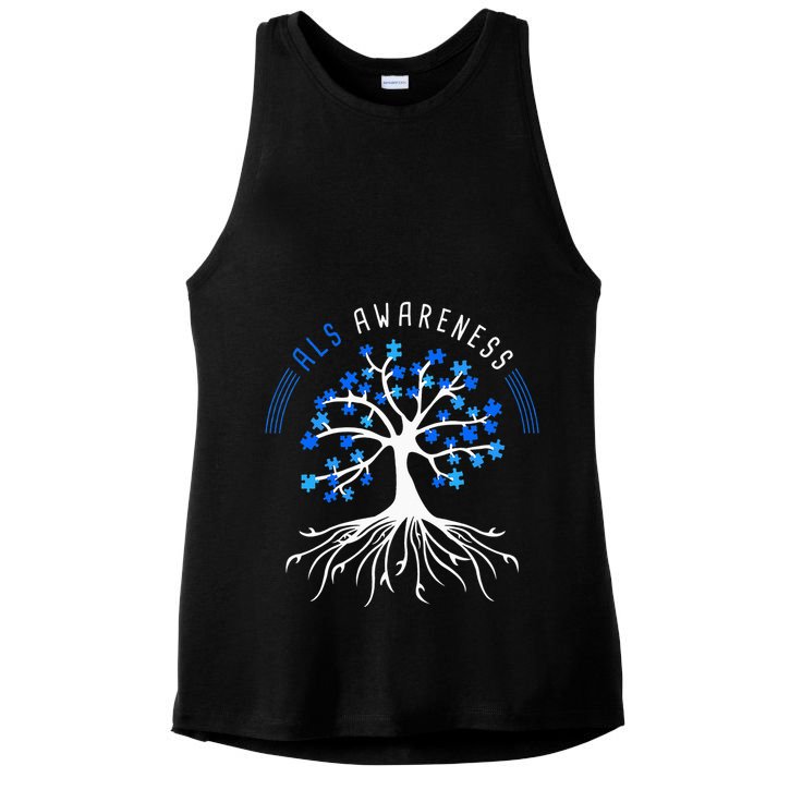 Blue Ribbon ALS Awareness Tree Ladies PosiCharge Tri-Blend Wicking Tank