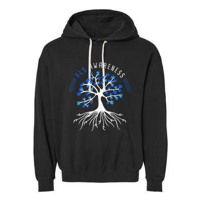 Blue Ribbon ALS Awareness Tree Garment-Dyed Fleece Hoodie