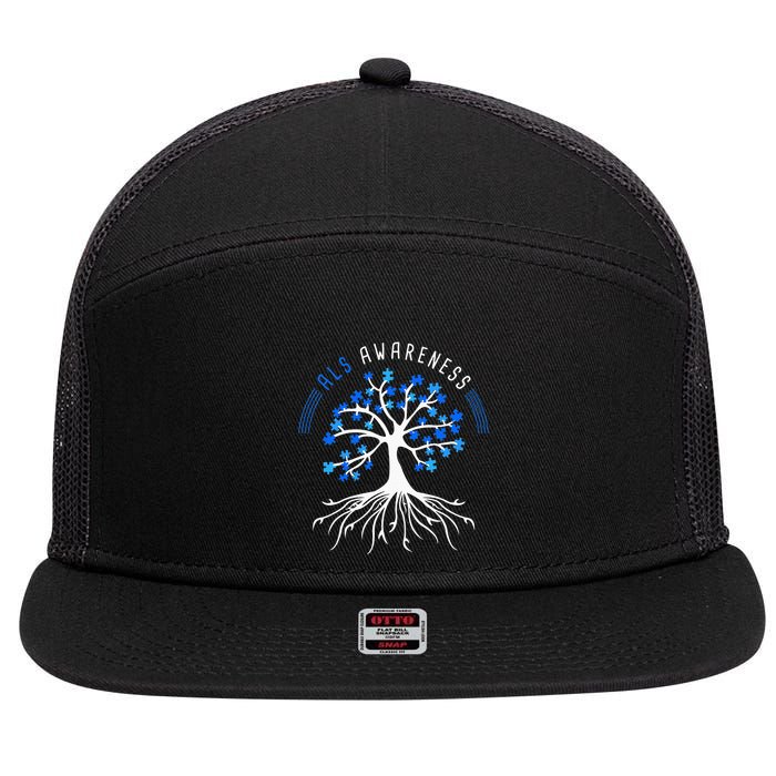 Blue Ribbon ALS Awareness Tree 7 Panel Mesh Trucker Snapback Hat