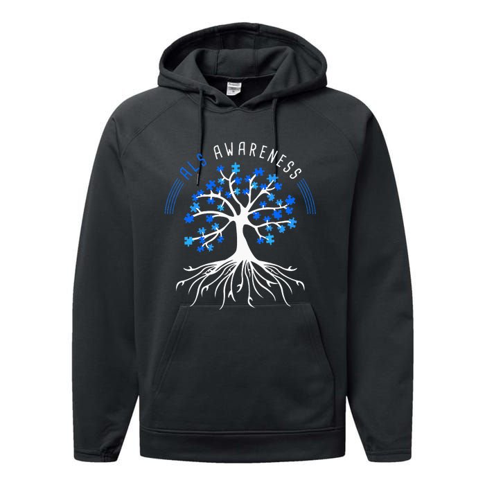 Blue Ribbon ALS Awareness Tree Performance Fleece Hoodie