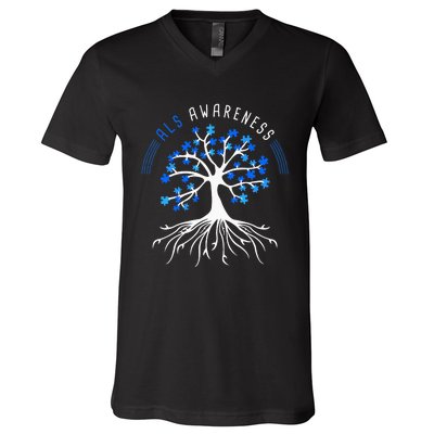 Blue Ribbon ALS Awareness Tree V-Neck T-Shirt