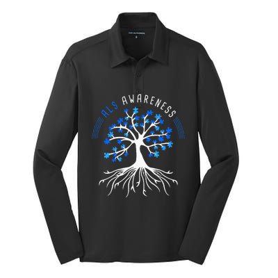 Blue Ribbon ALS Awareness Tree Silk Touch Performance Long Sleeve Polo