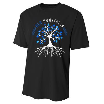 Blue Ribbon ALS Awareness Tree Performance Sprint T-Shirt