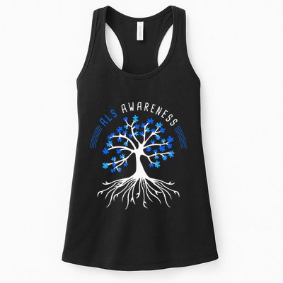Blue Ribbon ALS Awareness Tree Womens Tank Top