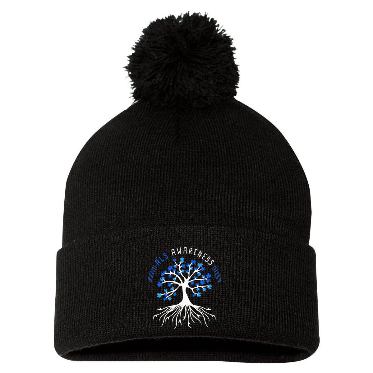 Blue Ribbon ALS Awareness Tree Pom Pom 12in Knit Beanie
