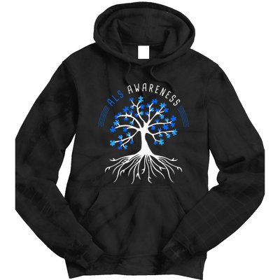 Blue Ribbon ALS Awareness Tree Tie Dye Hoodie