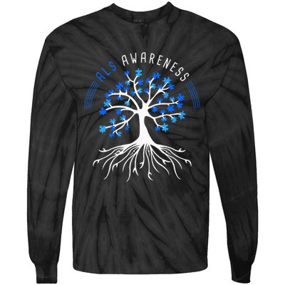 Blue Ribbon ALS Awareness Tree Tie-Dye Long Sleeve Shirt