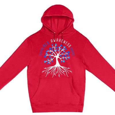 Blue Ribbon ALS Awareness Tree Premium Pullover Hoodie