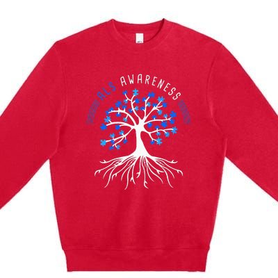 Blue Ribbon ALS Awareness Tree Premium Crewneck Sweatshirt