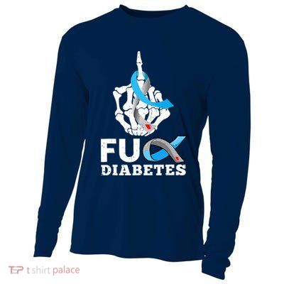 Blue Ribbon Awareness Skeleton Hand Fuck Diabetes Month Cooling Performance Long Sleeve Crew